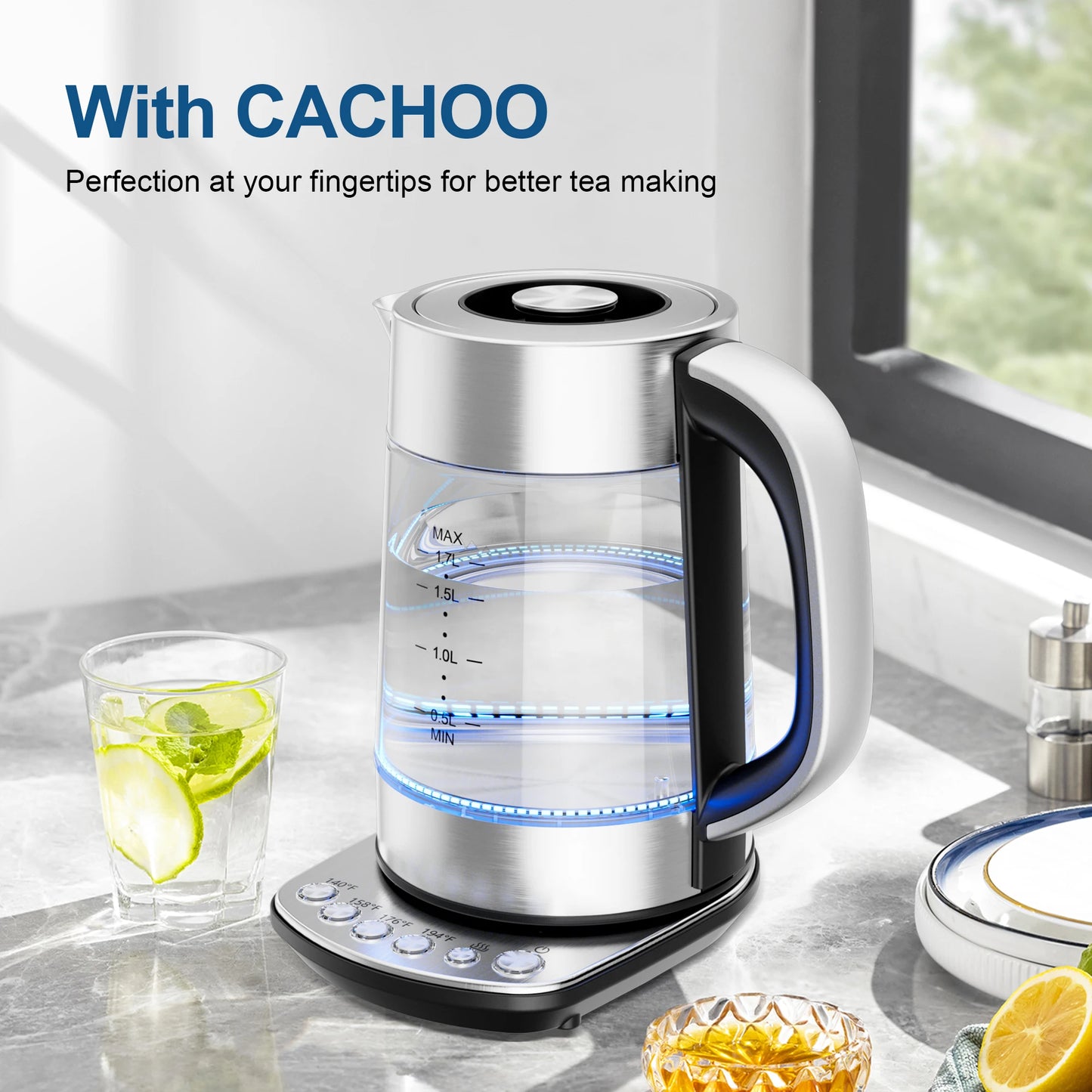 Electric Tea Kettle - CACHOO 1.7L Glass Electric Kettle Temperature Control with 5 Presets, 1-Hr Keep Warm