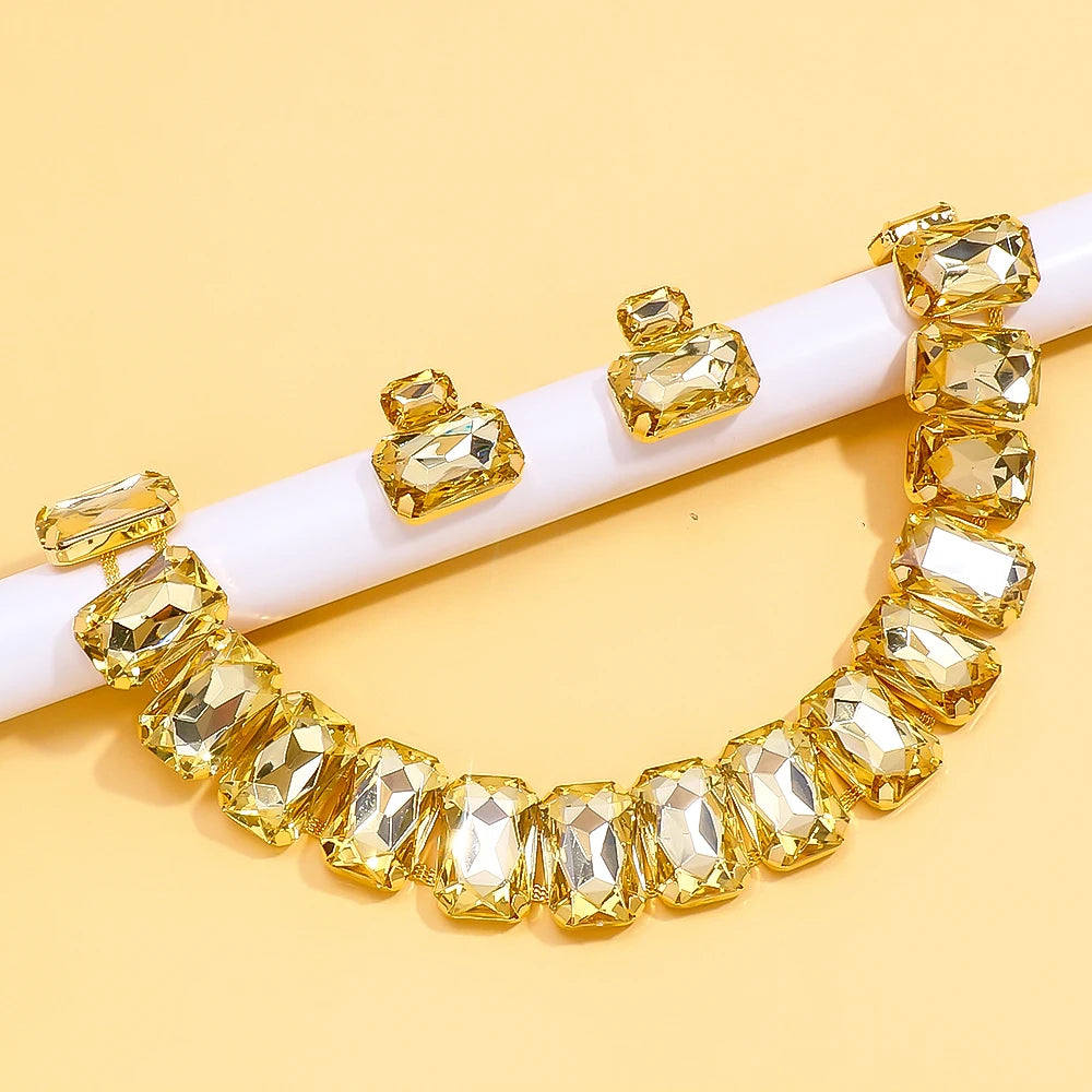 Stonefans Square Necklace and Earrings Set Bridal Exaggerate Decoration Fashion Yellow Rhinestone Jewelry Set Banquet for Women
