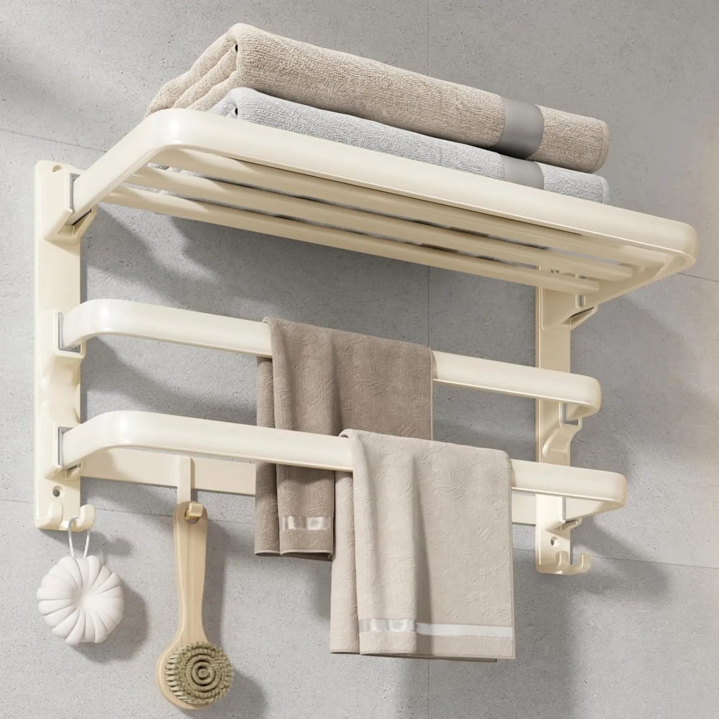 24-Inch Towel Rack,Bathroom Towel Shelf with 2 Towel Bar Foldable Towel Holder with 7 Hooks Towel Storage