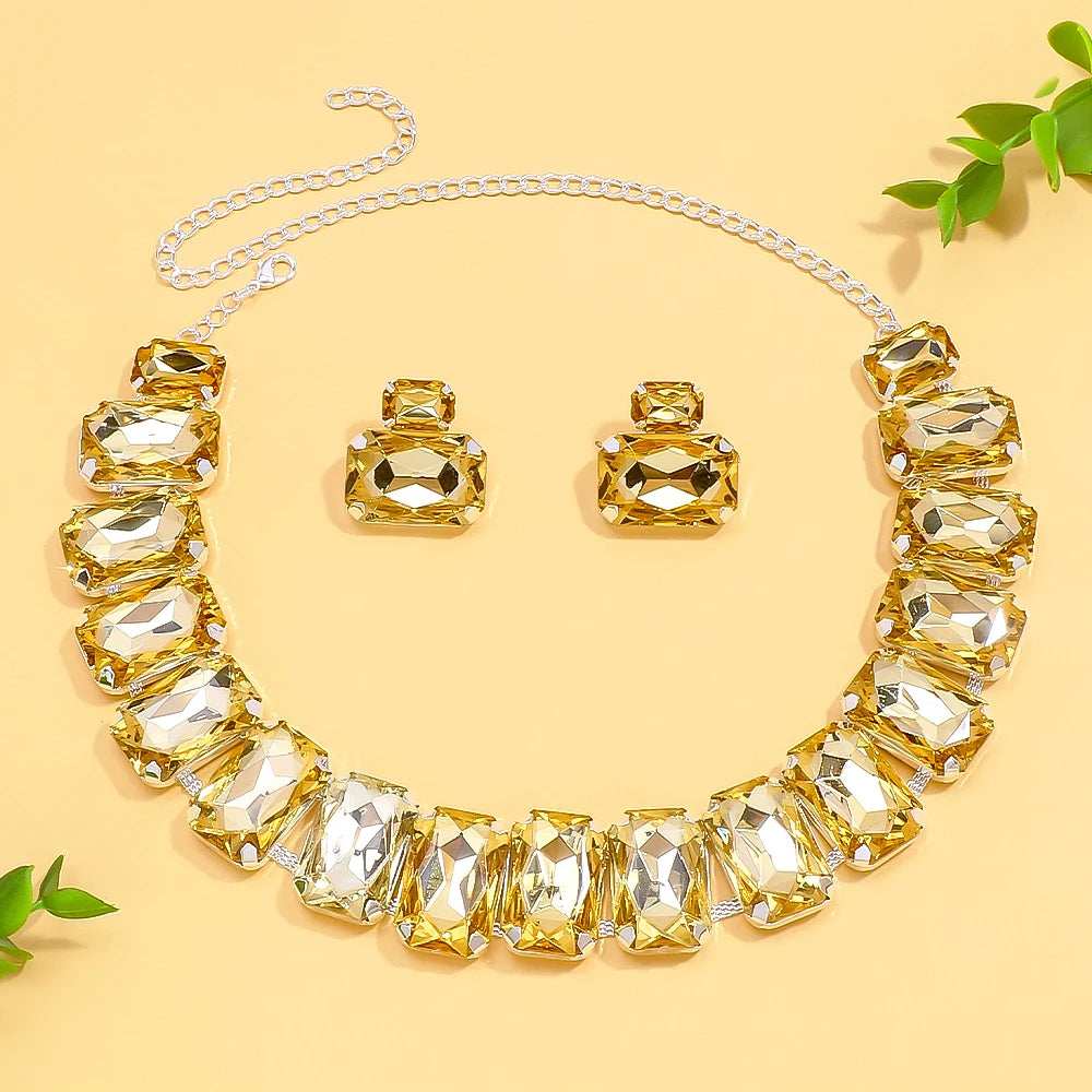 Stonefans Square Necklace and Earrings Set Bridal Exaggerate Decoration Fashion Yellow Rhinestone Jewelry Set Banquet for Women