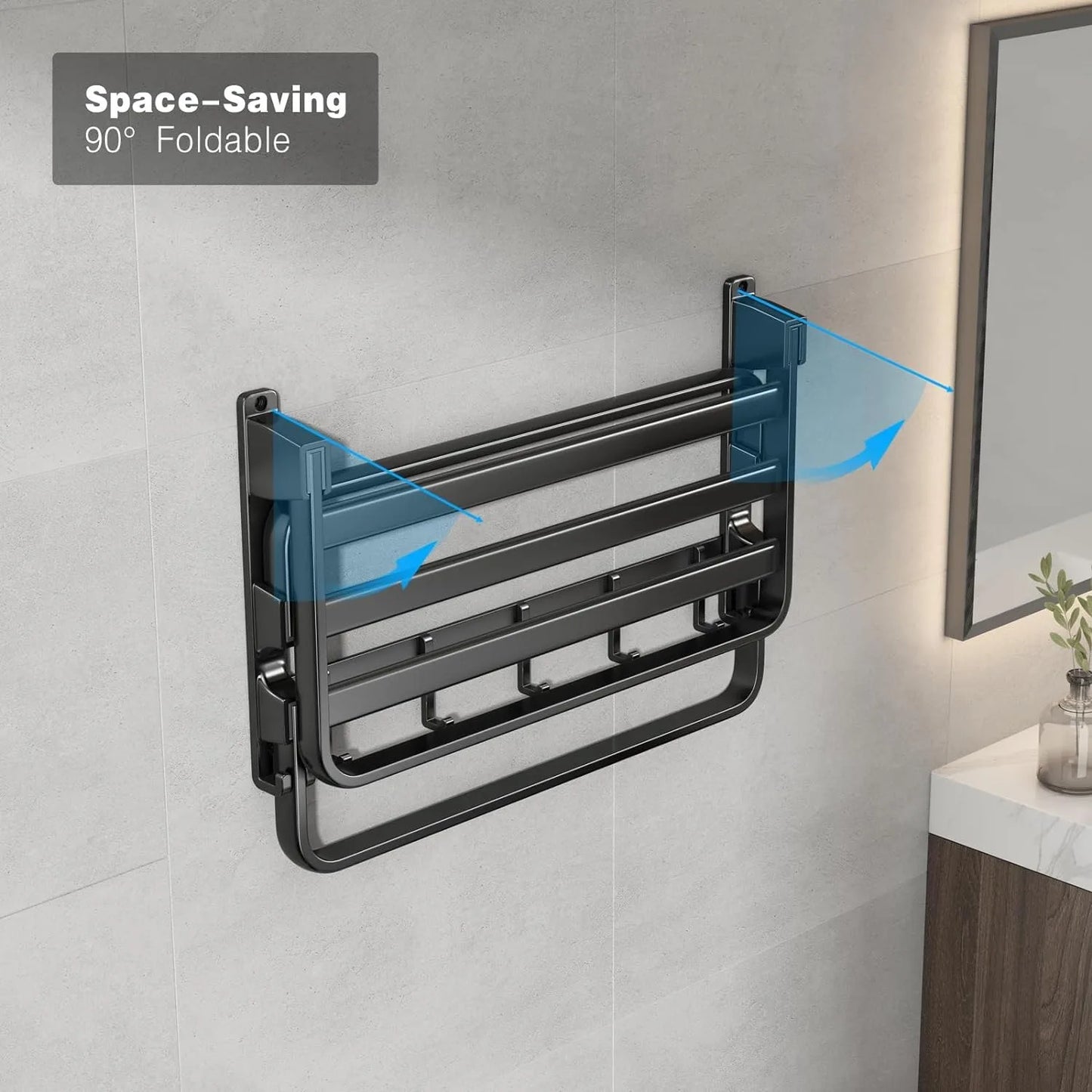 24-Inch Towel Rack,Bathroom Towel Shelf with 2 Towel Bar Foldable Towel Holder with 7 Hooks Towel Storage