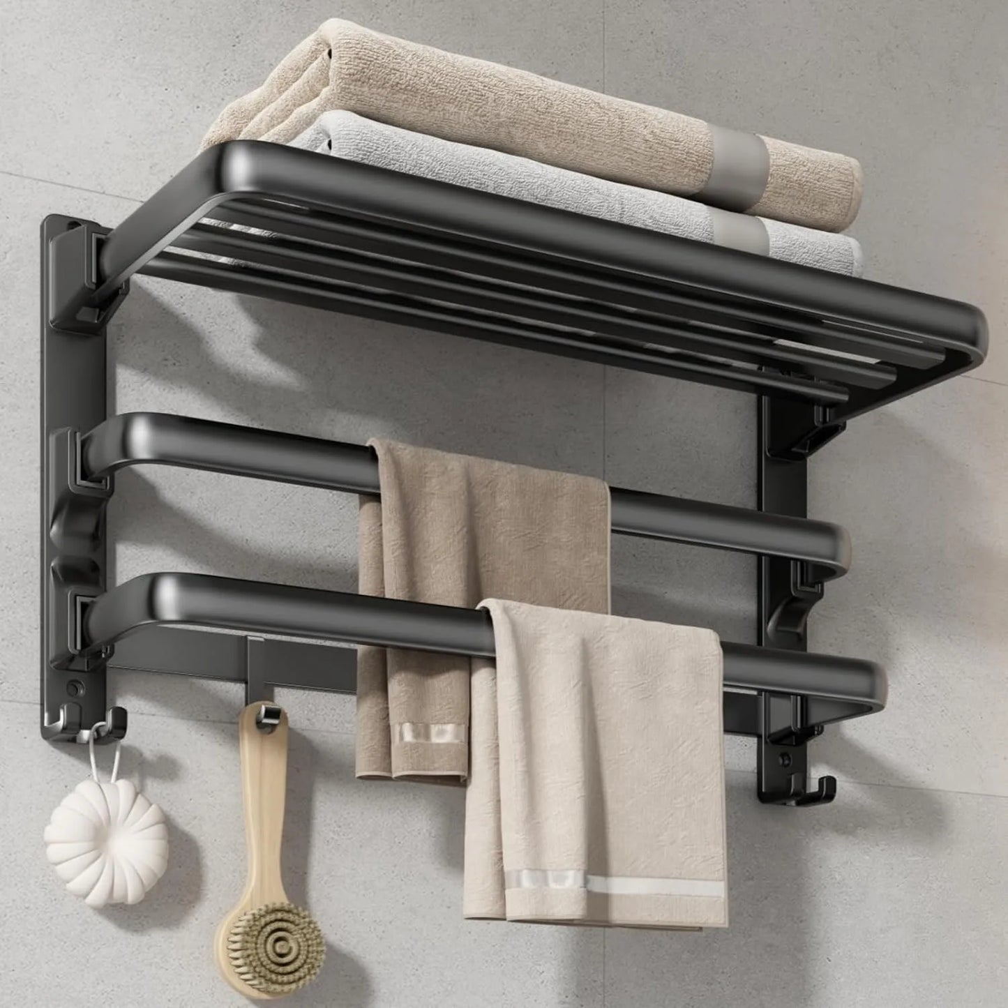 24-Inch Towel Rack,Bathroom Towel Shelf with 2 Towel Bar Foldable Towel Holder with 7 Hooks Towel Storage