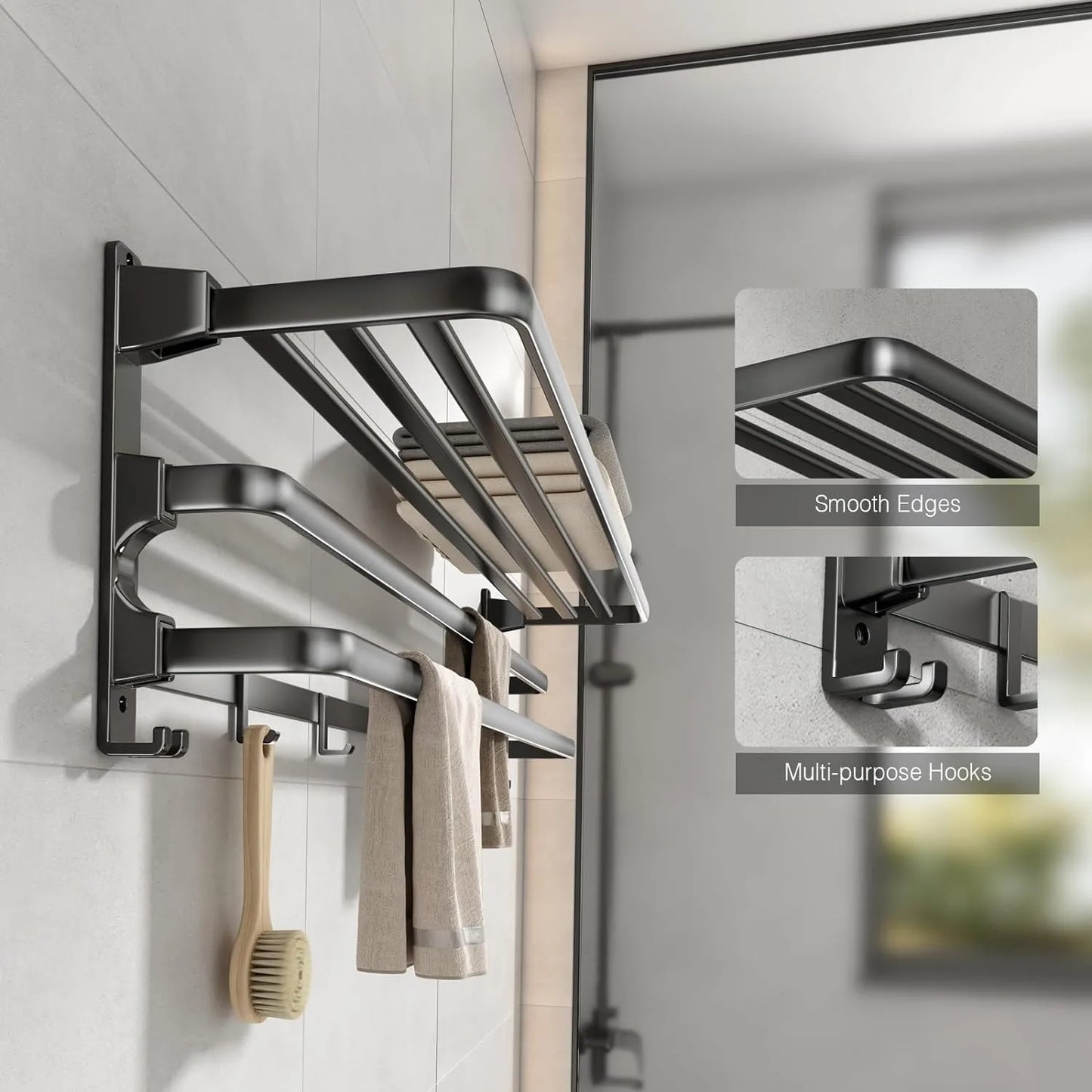 24-Inch Towel Rack,Bathroom Towel Shelf with 2 Towel Bar Foldable Towel Holder with 7 Hooks Towel Storage