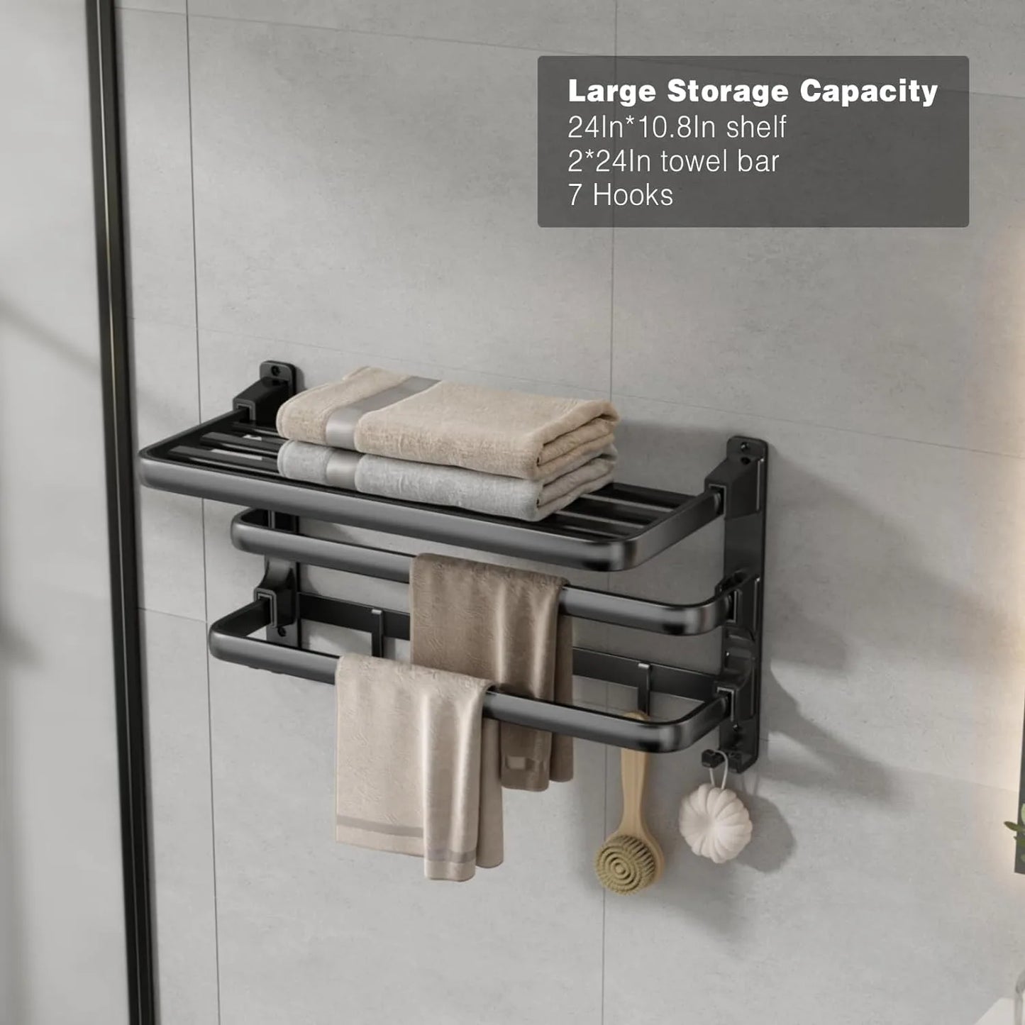 24-Inch Towel Rack,Bathroom Towel Shelf with 2 Towel Bar Foldable Towel Holder with 7 Hooks Towel Storage