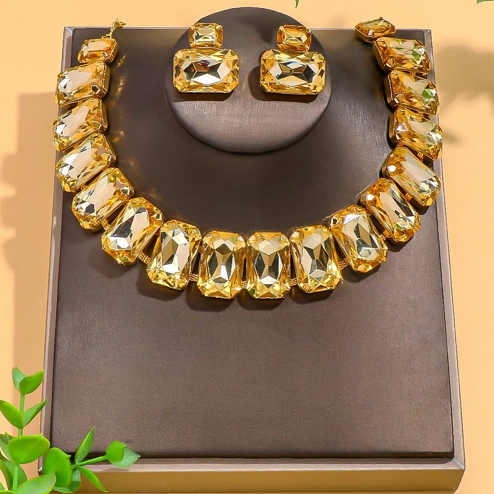 Stonefans Square Necklace and Earrings Set Bridal Exaggerate Decoration Fashion Yellow Rhinestone Jewelry Set Banquet for Women