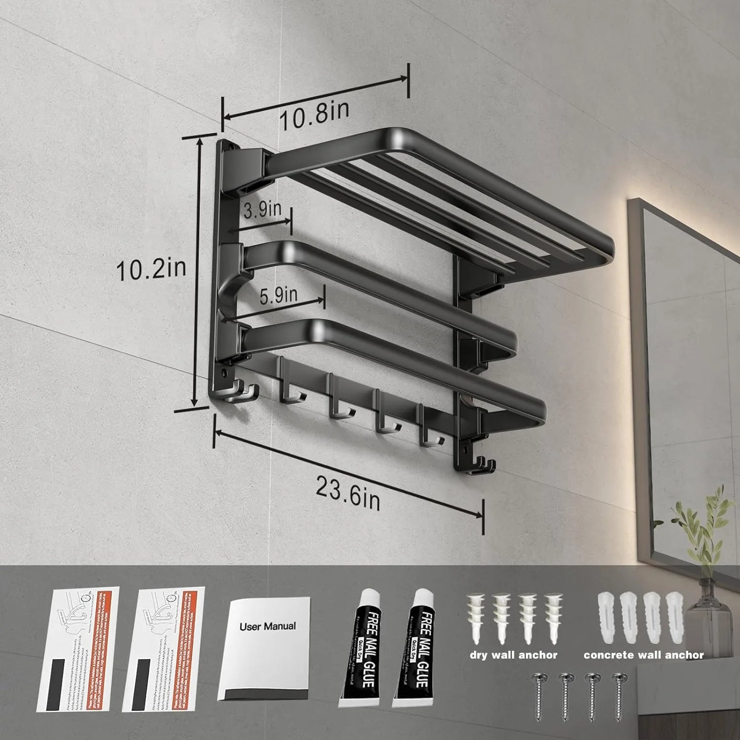 24-Inch Towel Rack,Bathroom Towel Shelf with 2 Towel Bar Foldable Towel Holder with 7 Hooks Towel Storage