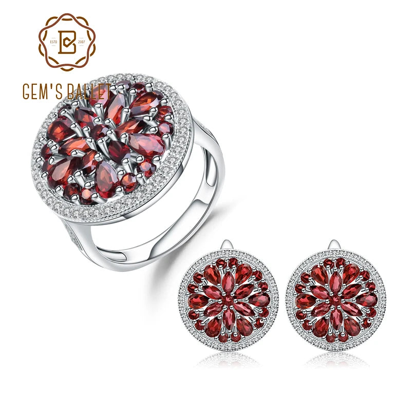 GEM'S BALLET 11.65Ct Natural Red Garnet Earrings Cocktail Ring Set 925 Sterling Silver Gemstone Vintage Jewelry Set  For Women