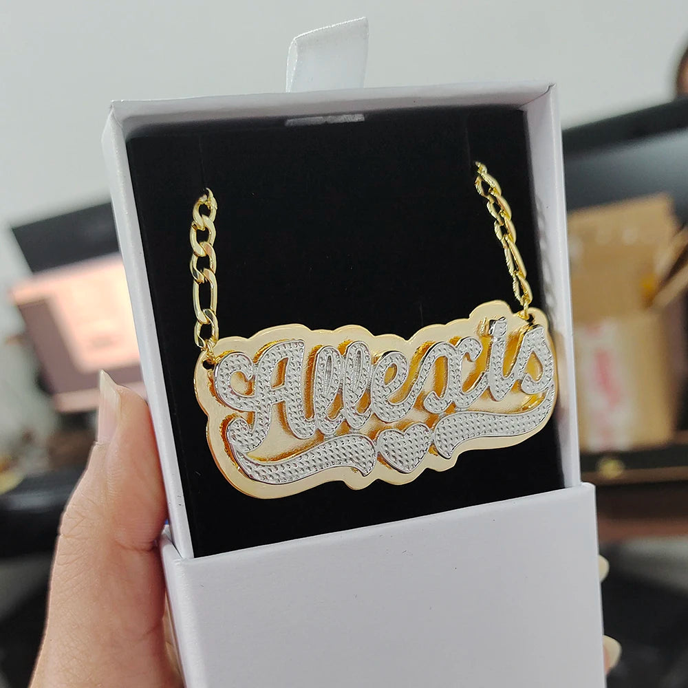 2021 Custom Necklace Double Gold plated Nameplate 3D Necklace Personalized Necklaces Name with Heart Shaped Cuban Chain Necklace