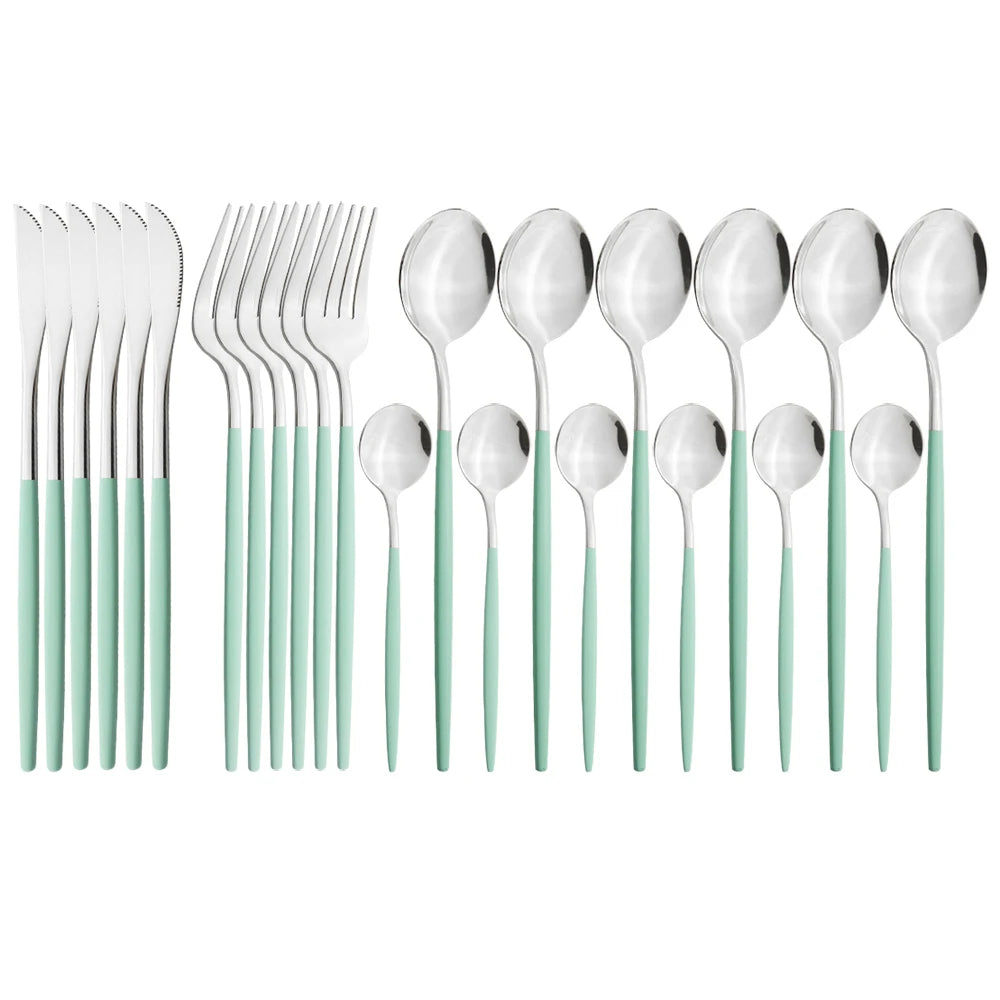 New 24Pcs Mix Color Dinnerware Set Stainless Steel Cutlery Set Dinner Knife Fork Spoon Luxury Flatware Party Kitchen Silverware