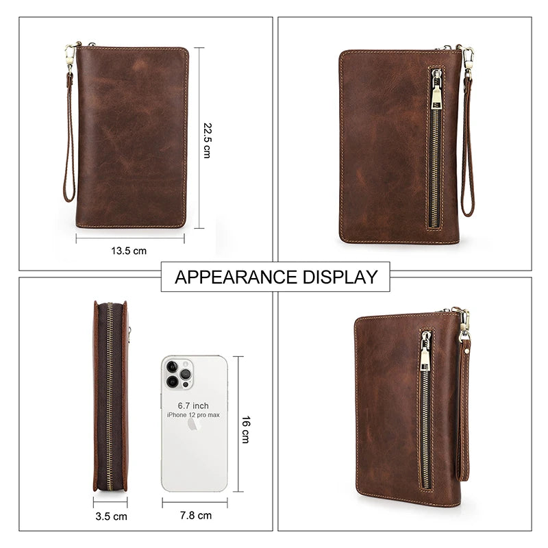 CONTACT'S Men's Clutch Bag Large Capacity Genuine Leather Male Wallet Bag Zipper Card Purse Document Holder Passport Cover Walet