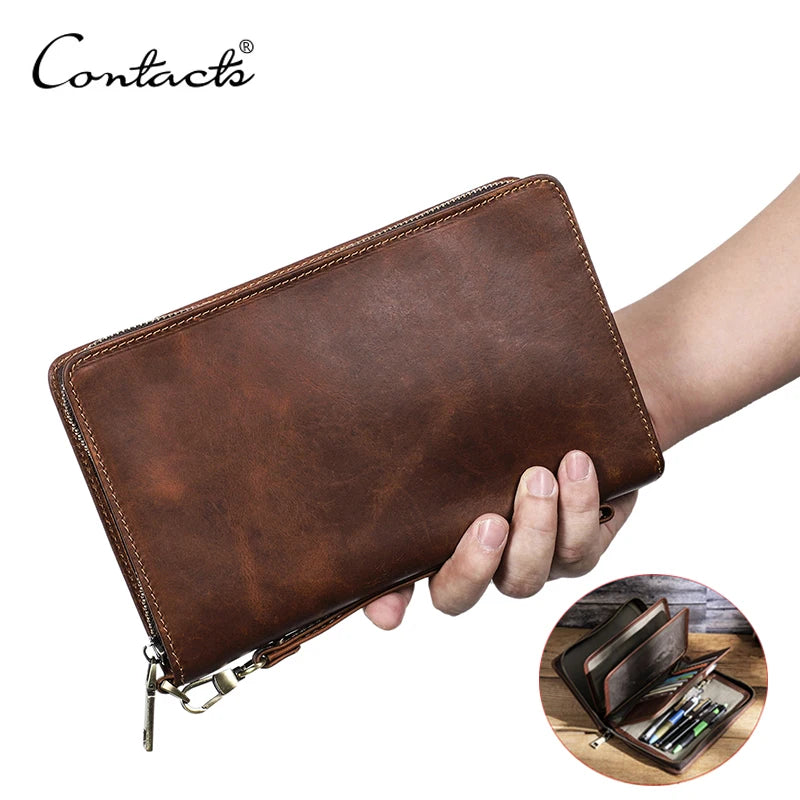 CONTACT'S Men's Clutch Bag Large Capacity Genuine Leather Male Wallet Bag Zipper Card Purse Document Holder Passport Cover Walet