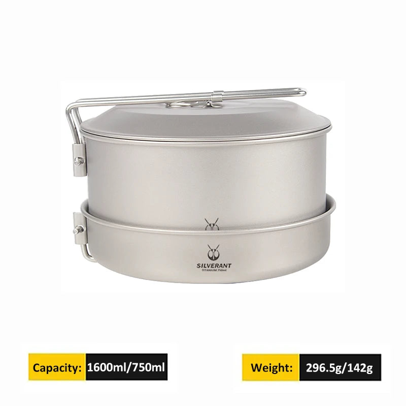 Ultralight Titanium Pot Frying Pan Big Capacity Multipurpose Cookware Set with Folding Handle Outdoor Camping Picnic Tableware