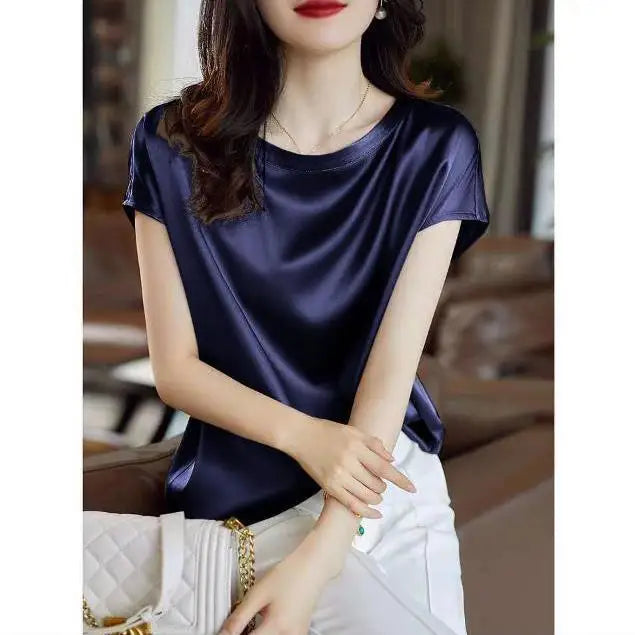 Silk Thin Short Sleeve Tees Korean Style Slip Woman Summer Clothes Elegant Black Brown Tops Solid Loose Casual 4XL