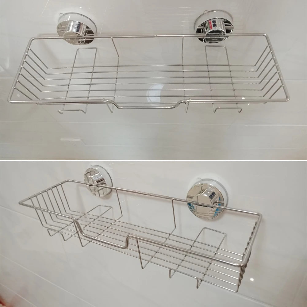 Bathroom Shelf Organizer Stainless Steel Wall Mounted Toilet Shampoo Holder No Drill With Vacuum Suction Cup Shower Storage Rack