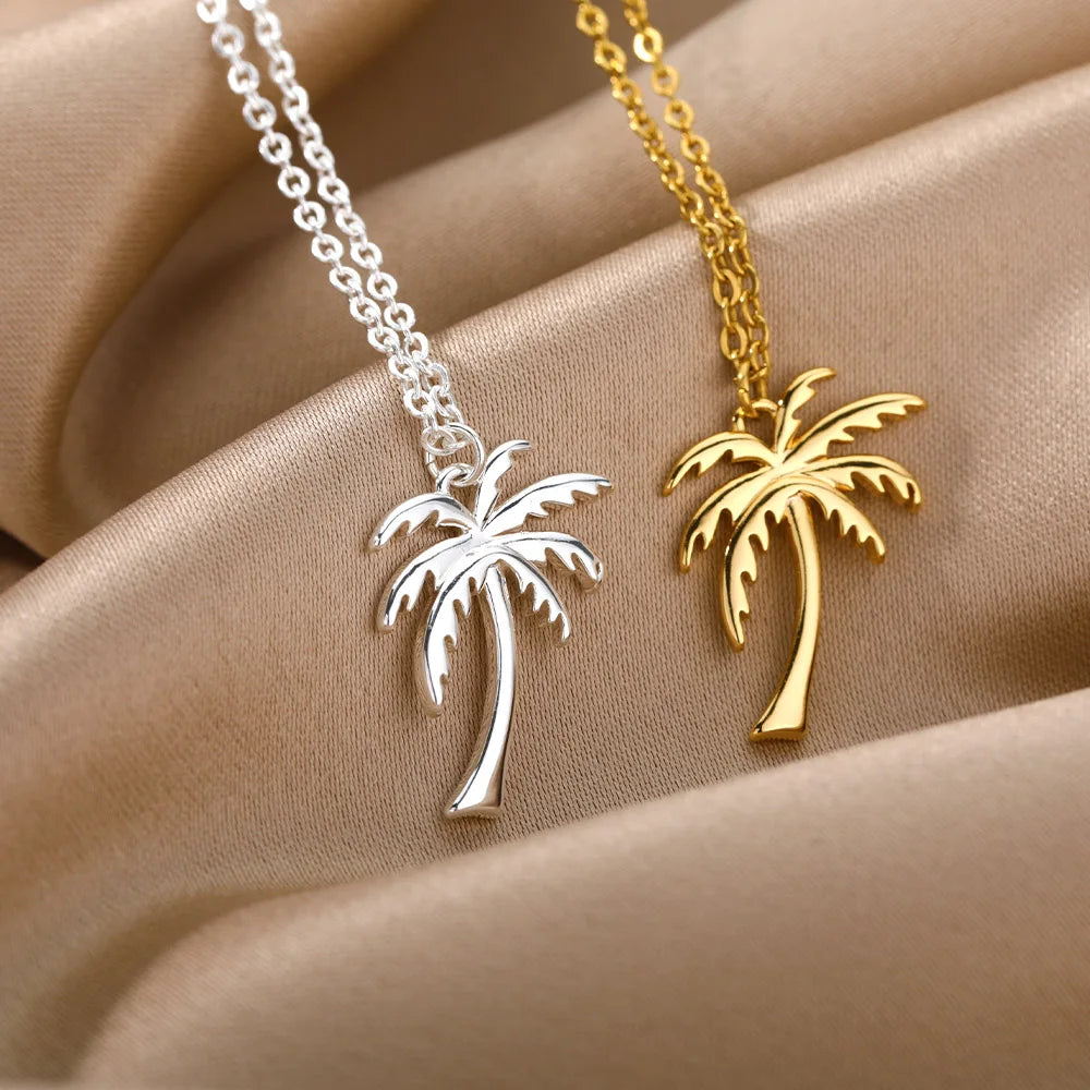 Palm Tree Pendant Necklace for Women Men Goth Aesthetic Coconut Tree Choker Chain Necklace Stainless Steel Jewelry Gifts