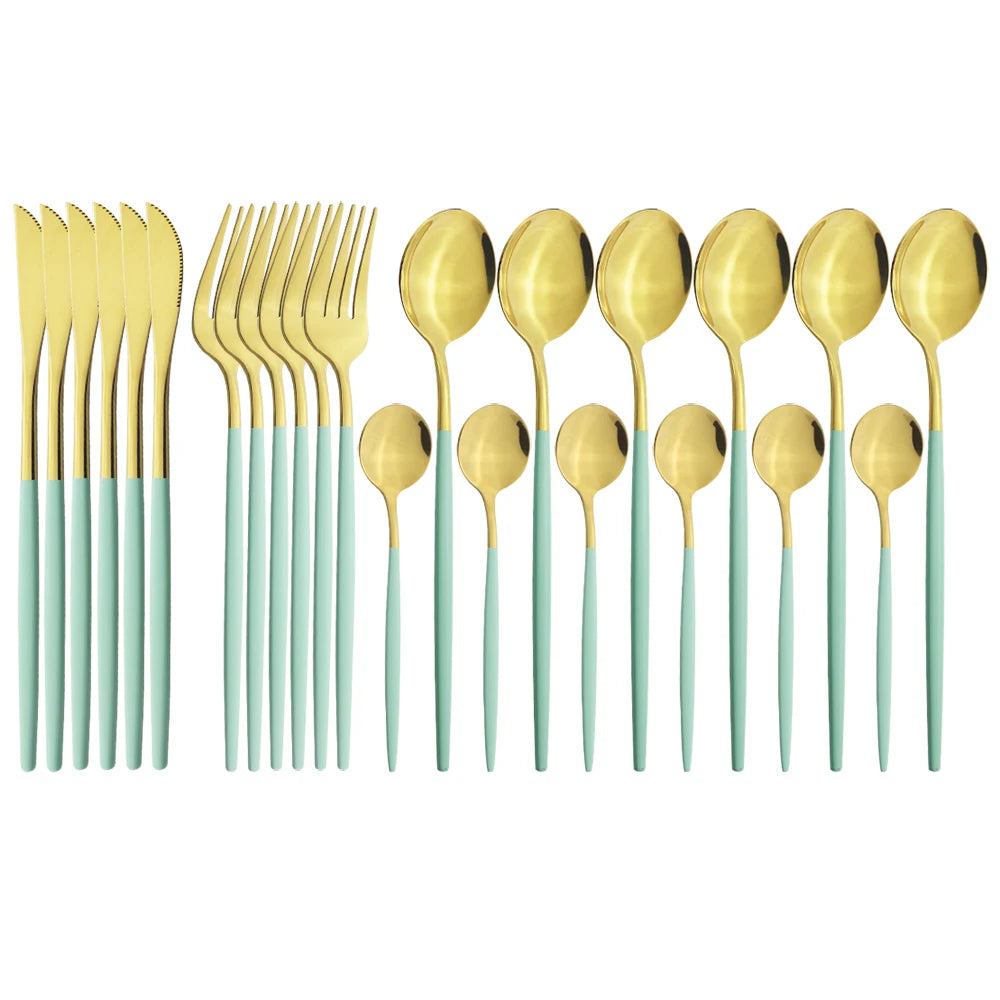 New 24Pcs Mix Color Dinnerware Set Stainless Steel Cutlery Set Dinner Knife Fork Spoon Luxury Flatware Party Kitchen Silverware