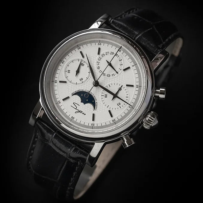 Original Movement ST1908 Sugess Men Mechanical Calendar Watch Chronograph Vintage Moonphase Wristwatch Waterproof