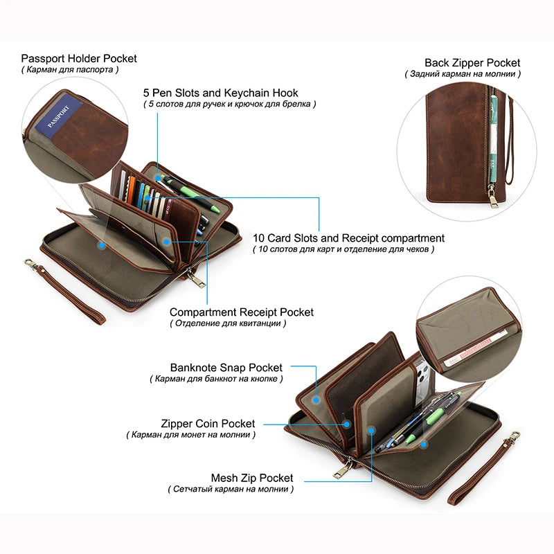 CONTACT'S Men's Clutch Bag Large Capacity Genuine Leather Male Wallet Bag Zipper Card Purse Document Holder Passport Cover Walet