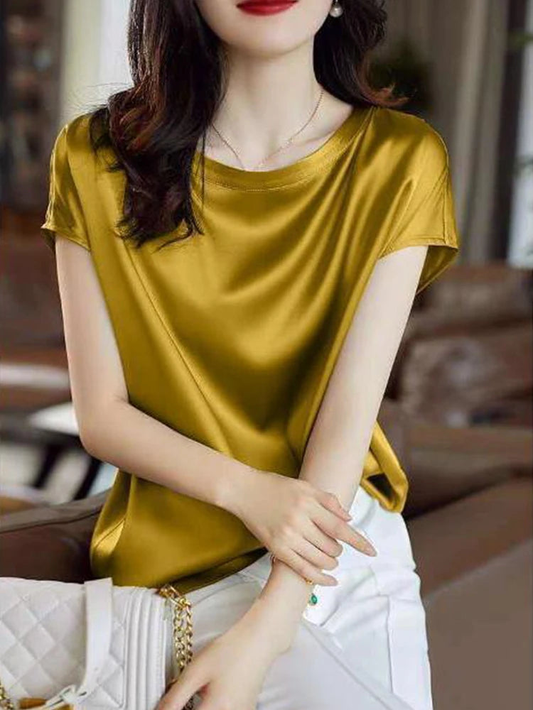 Silk Thin Short Sleeve Tees Korean Style Slip Woman Summer Clothes Elegant Black Brown Tops Solid Loose Casual 4XL