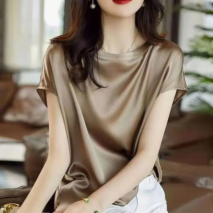 Silk Thin Short Sleeve Tees Korean Style Slip Woman Summer Clothes Elegant Black Brown Tops Solid Loose Casual 4XL