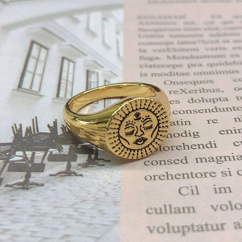 Aesthetic Rings For Women Vintage Stainless Steel Sun Face Punk Couple Ring Fashion Exaggeration Jewelry Gothic Accessories Gift