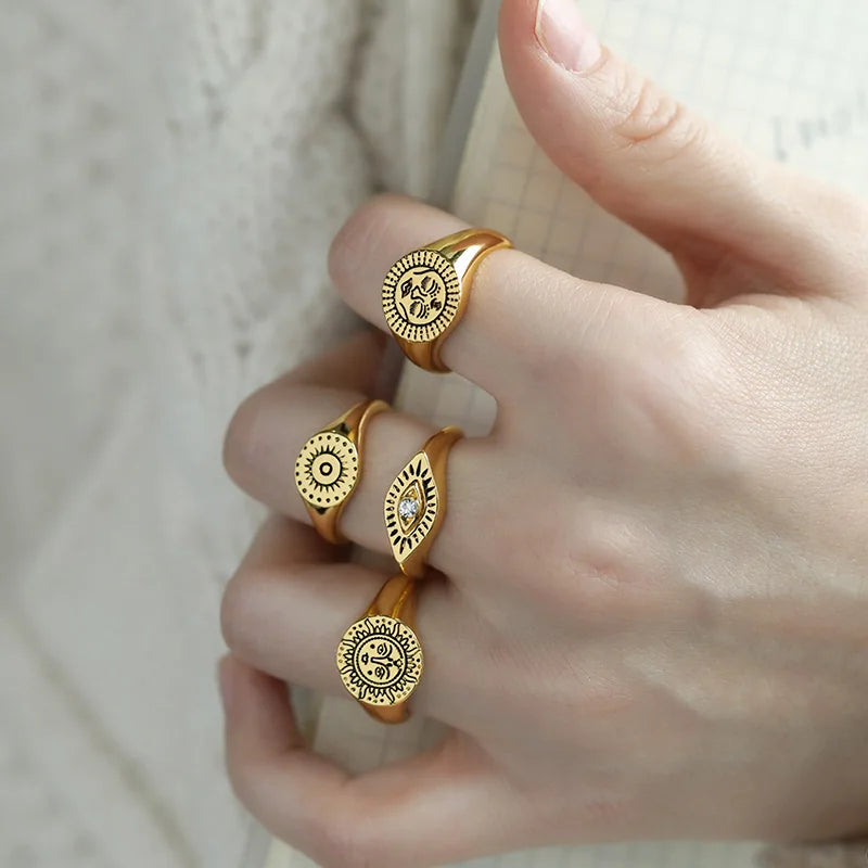 Aesthetic Rings For Women Vintage Stainless Steel Sun Face Punk Couple Ring Fashion Exaggeration Jewelry Gothic Accessories Gift