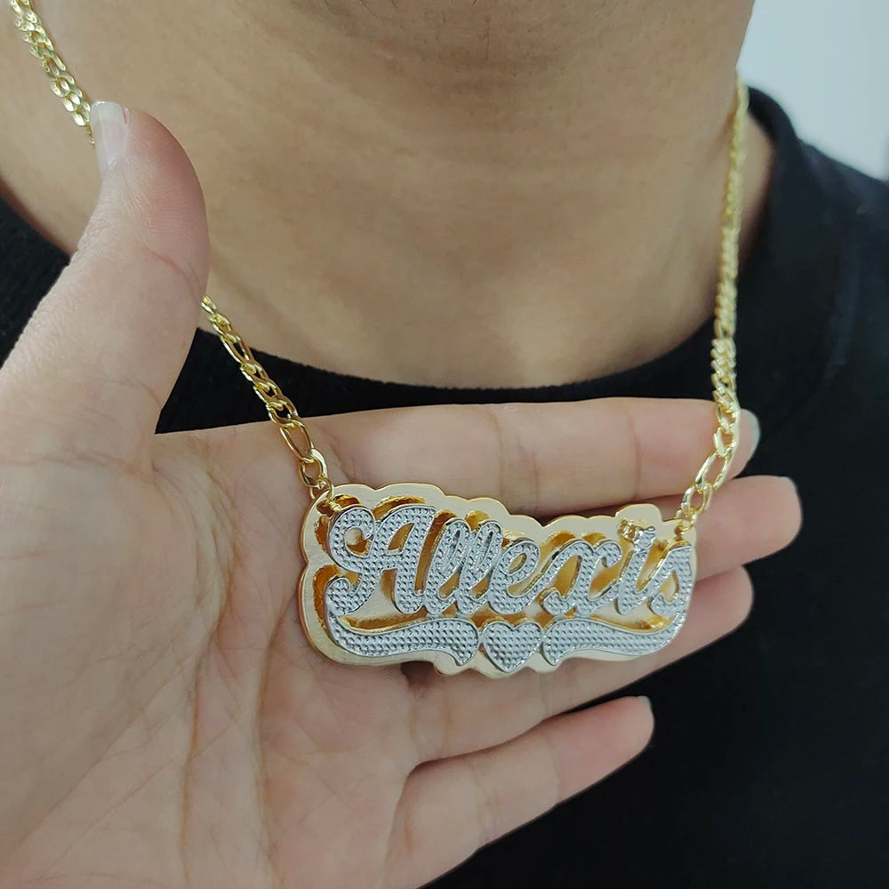2021 Custom Necklace Double Gold plated Nameplate 3D Necklace Personalized Necklaces Name with Heart Shaped Cuban Chain Necklace