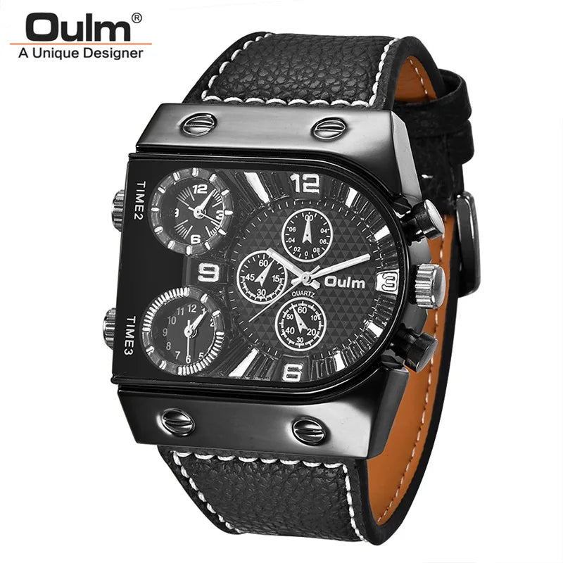 Oulm Watches Mens Quartz Casual Leather Strap Wristwatch Sports Multi-Time Zone Military Male Clock erkek saat Dropshipping