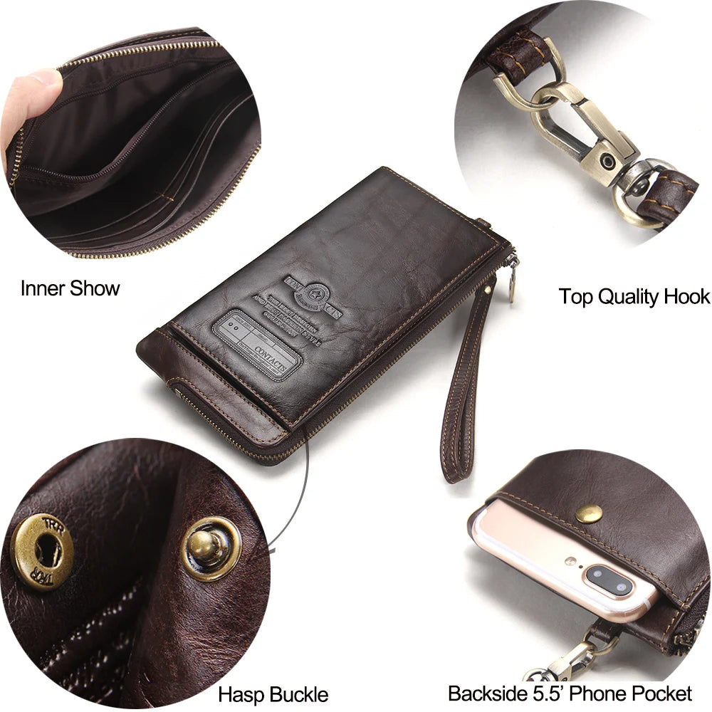 CONTACT'S Wristlet Bag Genuine Leather RFID Cellphone Wallet Men's Clutch Wallets Men Credit Card Holder Male Long Purse Zipper