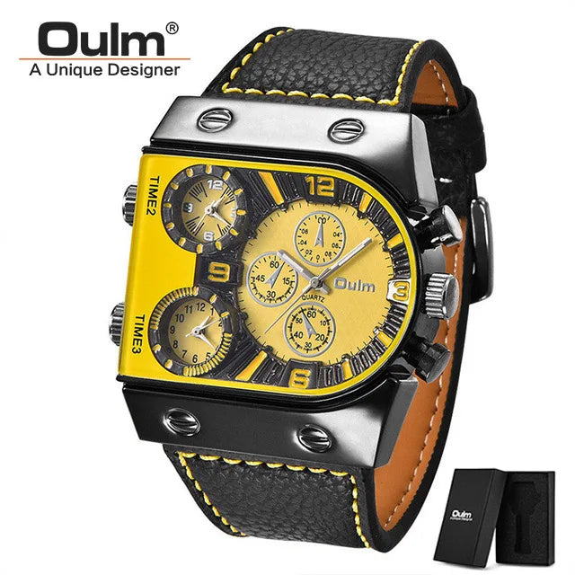 Oulm Watches Mens Quartz Casual Leather Strap Wristwatch Sports Multi-Time Zone Military Male Clock erkek saat Dropshipping