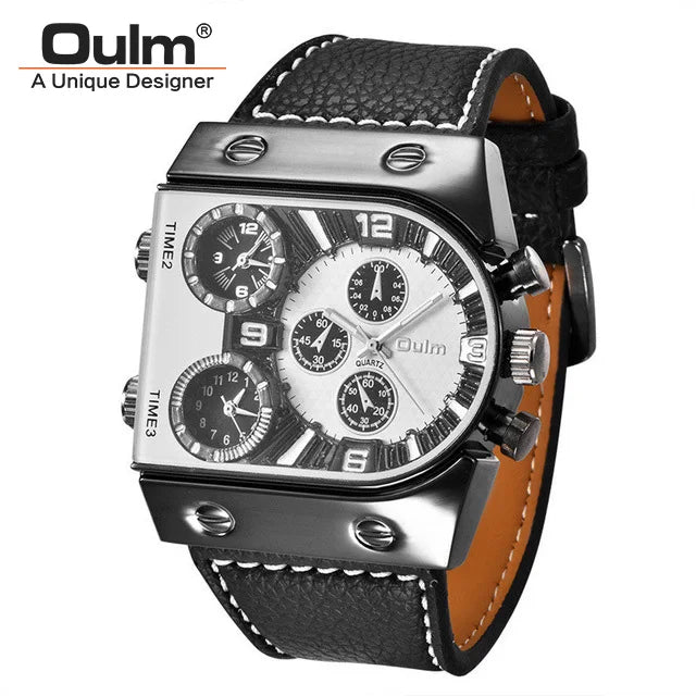 Oulm Watches Mens Quartz Casual Leather Strap Wristwatch Sports Multi-Time Zone Military Male Clock erkek saat Dropshipping