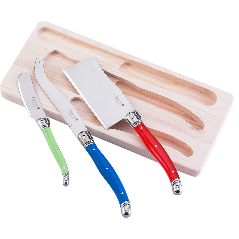 Laguiole Rainbow Cheese knives Set 3pcs Stainless steel Cheese Knife Butter Cutter Spreader in Wood Holder Kitchen Accessories