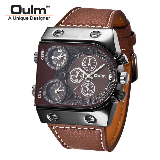 Oulm Watches Mens Quartz Casual Leather Strap Wristwatch Sports Multi-Time Zone Military Male Clock erkek saat Dropshipping