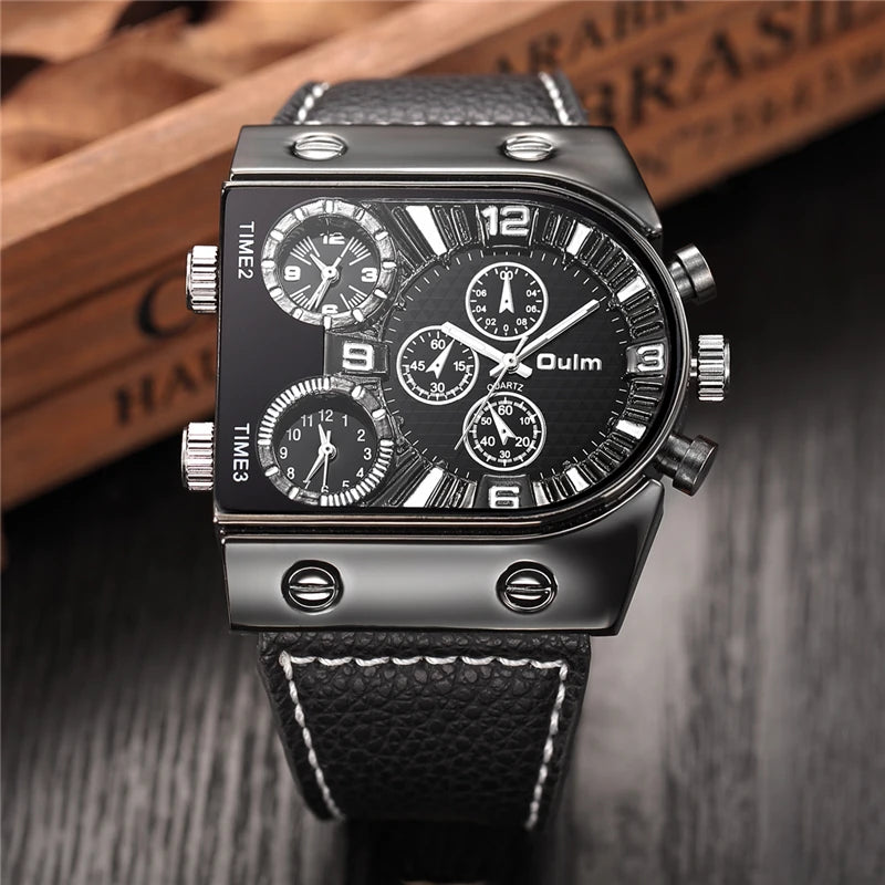 Oulm Watches Mens Quartz Casual Leather Strap Wristwatch Sports Multi-Time Zone Military Male Clock erkek saat Dropshipping