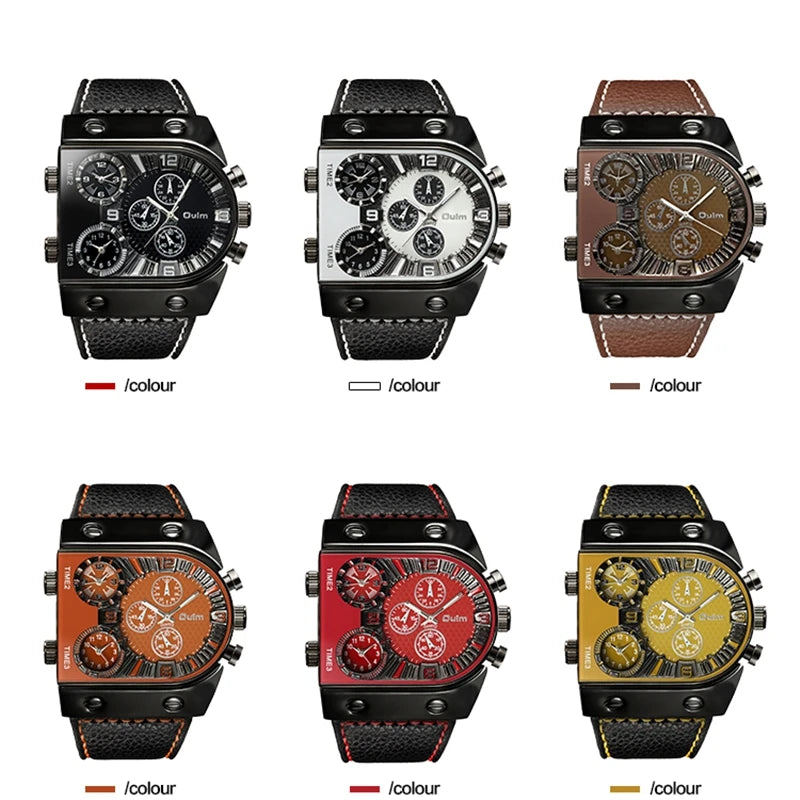 Oulm Watches Mens Quartz Casual Leather Strap Wristwatch Sports Multi-Time Zone Military Male Clock erkek saat Dropshipping