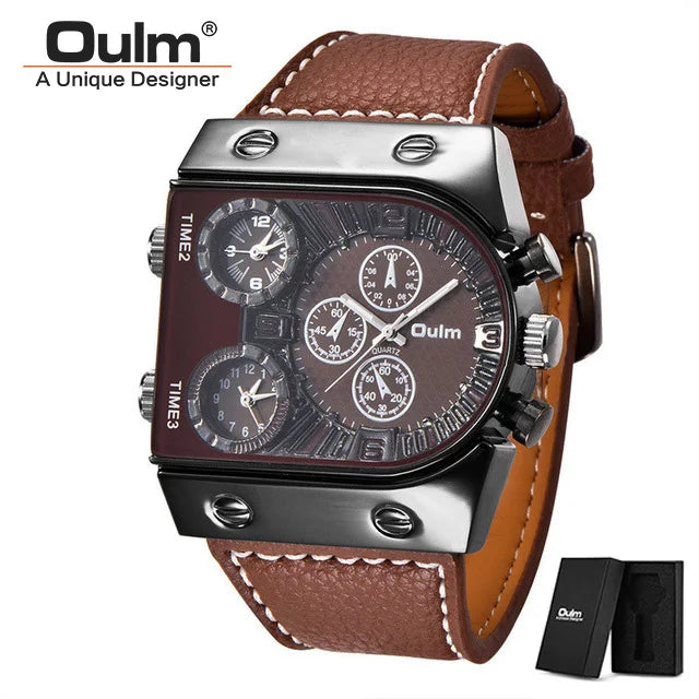 Oulm Watches Mens Quartz Casual Leather Strap Wristwatch Sports Multi-Time Zone Military Male Clock erkek saat Dropshipping