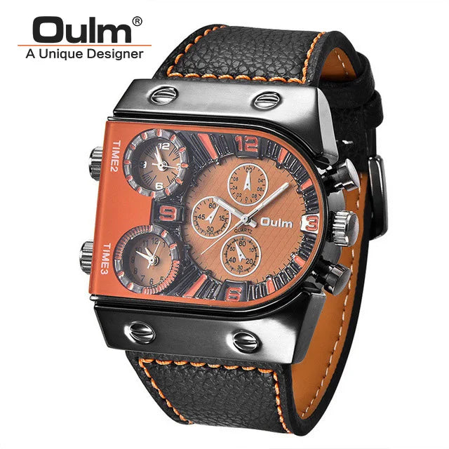 Oulm Watches Mens Quartz Casual Leather Strap Wristwatch Sports Multi-Time Zone Military Male Clock erkek saat Dropshipping