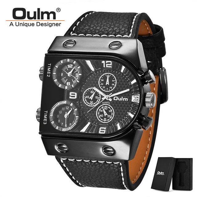 Oulm Watches Mens Quartz Casual Leather Strap Wristwatch Sports Multi-Time Zone Military Male Clock erkek saat Dropshipping