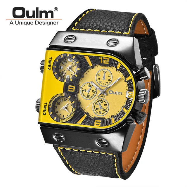 Oulm Watches Mens Quartz Casual Leather Strap Wristwatch Sports Multi-Time Zone Military Male Clock erkek saat Dropshipping