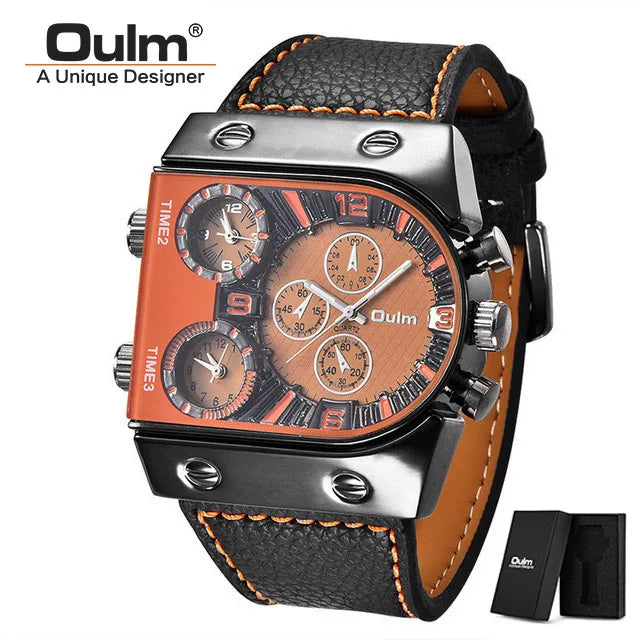 Oulm Watches Mens Quartz Casual Leather Strap Wristwatch Sports Multi-Time Zone Military Male Clock erkek saat Dropshipping