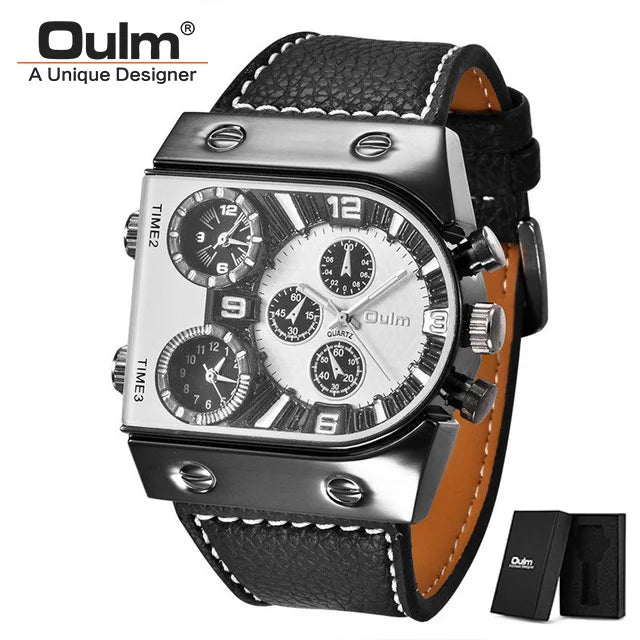 Oulm Watches Mens Quartz Casual Leather Strap Wristwatch Sports Multi-Time Zone Military Male Clock erkek saat Dropshipping