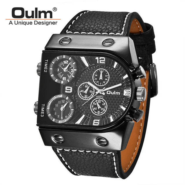 Oulm Watches Mens Quartz Casual Leather Strap Wristwatch Sports Multi-Time Zone Military Male Clock erkek saat Dropshipping