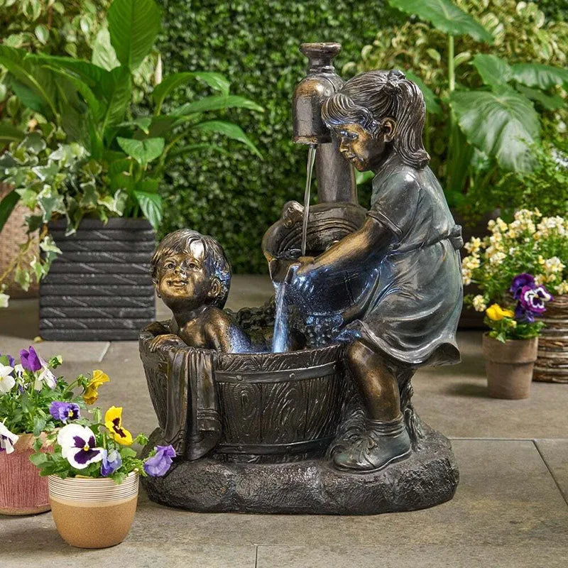 Retro Indoor/Outdoor Girl and Boy Garden Decor Statue Kids Shape Resin Fountain Figurine Garden Sculpture Yard   Decoration