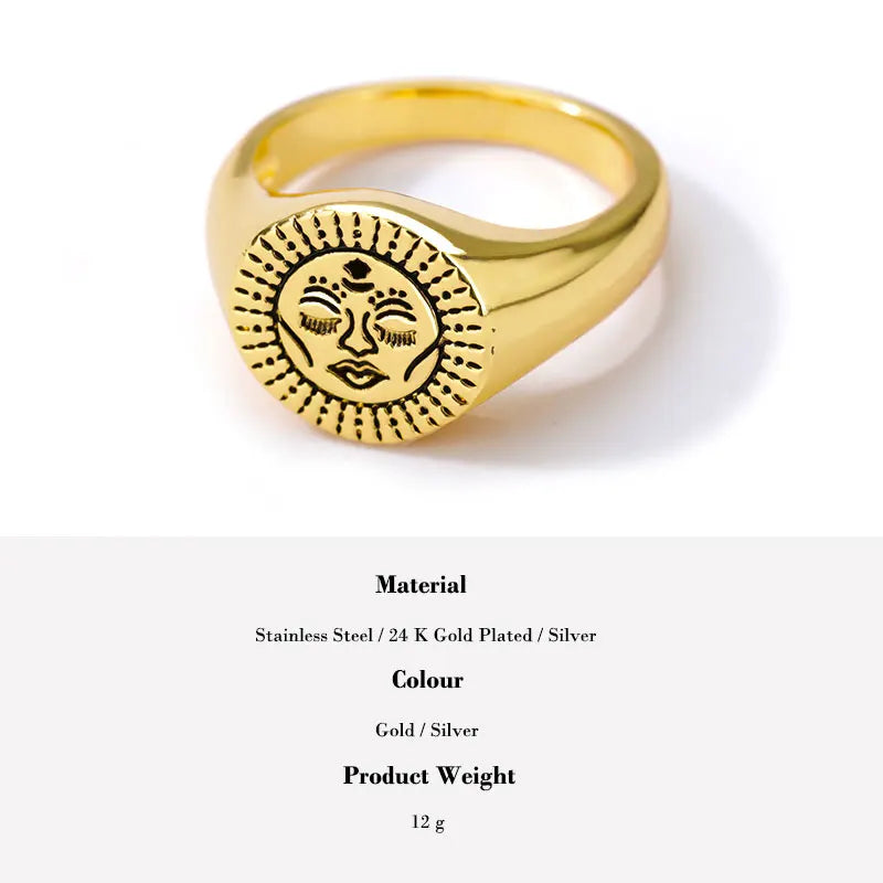Aesthetic Rings For Women Vintage Stainless Steel Sun Face Punk Couple Ring Fashion Exaggeration Jewelry Gothic Accessories Gift