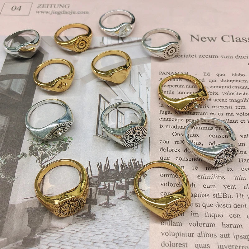 Aesthetic Rings For Women Vintage Stainless Steel Sun Face Punk Couple Ring Fashion Exaggeration Jewelry Gothic Accessories Gift