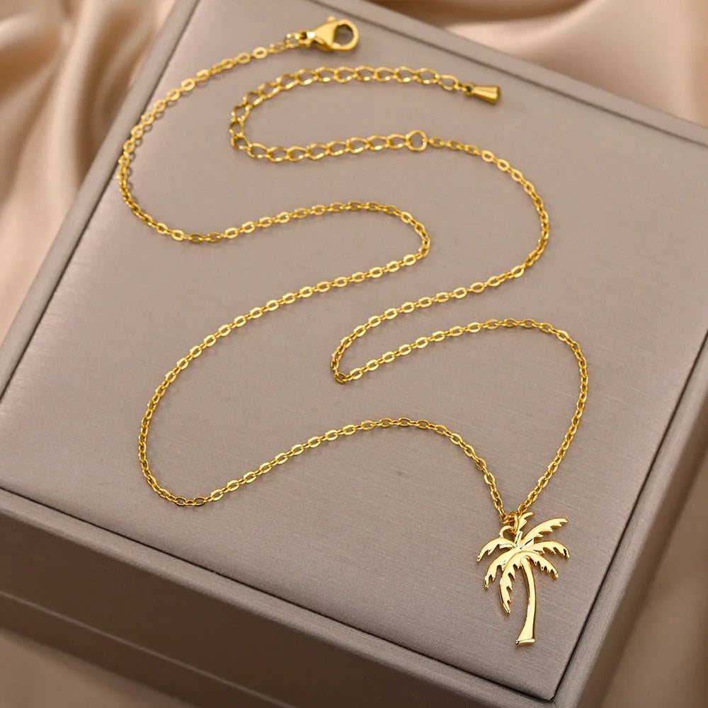 Palm Tree Pendant Necklace for Women Men Goth Aesthetic Coconut Tree Choker Chain Necklace Stainless Steel Jewelry Gifts