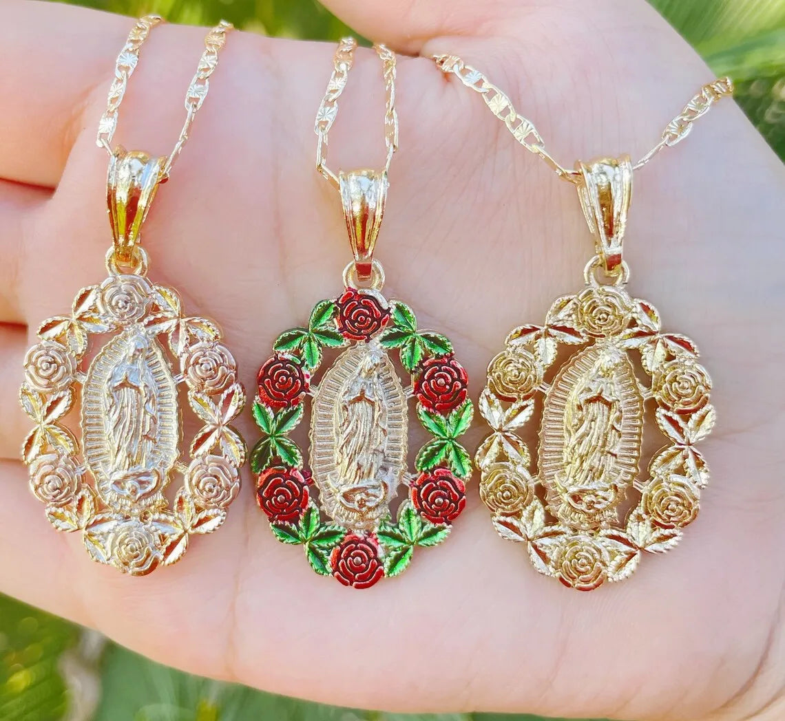 Virgin Mary Necklace Roses Chain Custom Virgen De Guadalupe Pendant Medalla Rosas For Women Jewelry Gifts