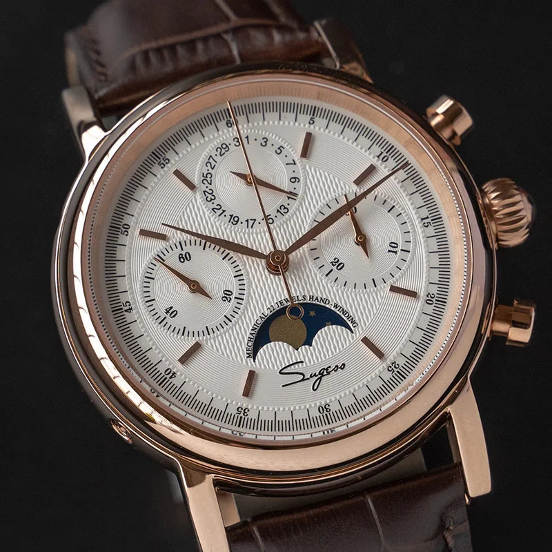 Original Movement ST1908 Sugess Men Mechanical Calendar Watch Chronograph Vintage Moonphase Wristwatch Waterproof