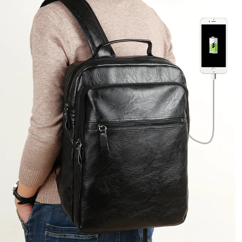 Vintage USB Charging Men's Backpack Luxury PU Leather Student School bag Large Capacity Laptop Bag Casual Male Travel Backpack