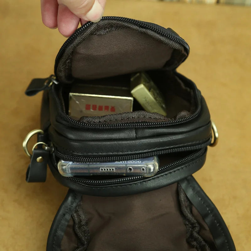 Real Leather Men Design Casual Multifunction Small Messenger Crossbody Bag Fashion Waist Belt Bag Hook Pack 5.5" Phone Pouch
